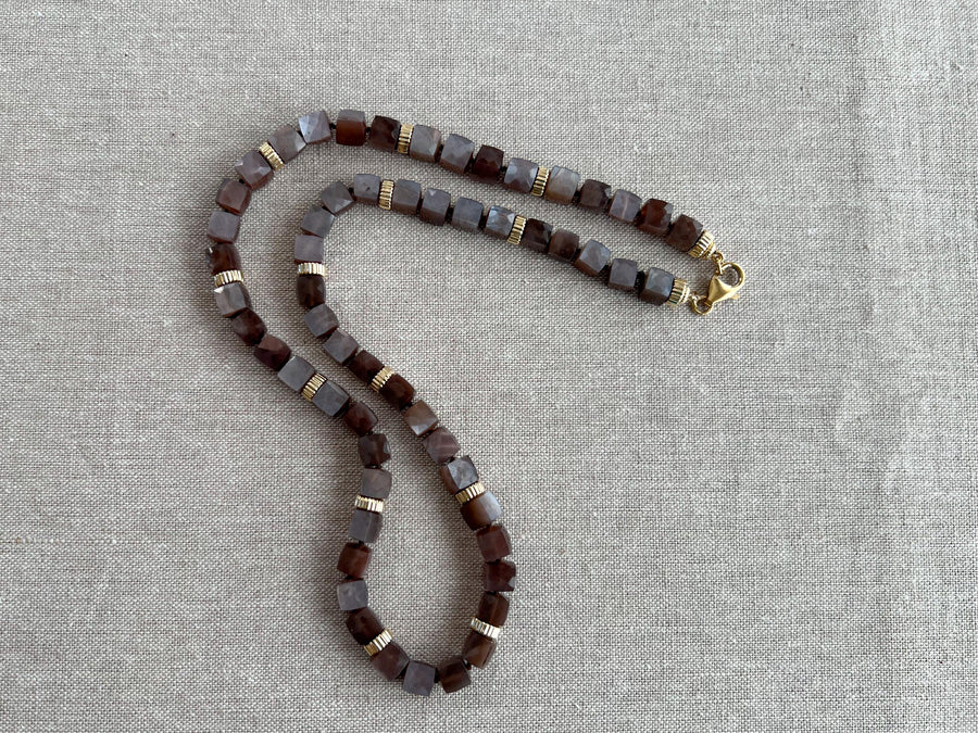 Chocolate Moonstone Cube Necklace: 14k Gold Filled, Hand Knotted Gemstones