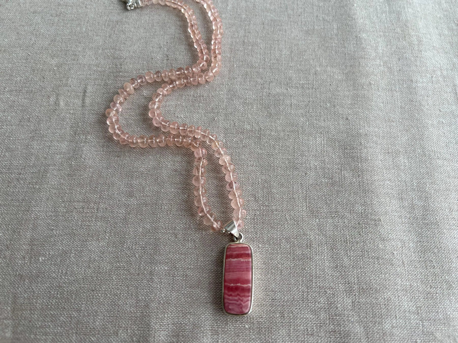 Peach Morganite Necklace: Rhodochrosite Pendant, Hand Knotted Gemstones