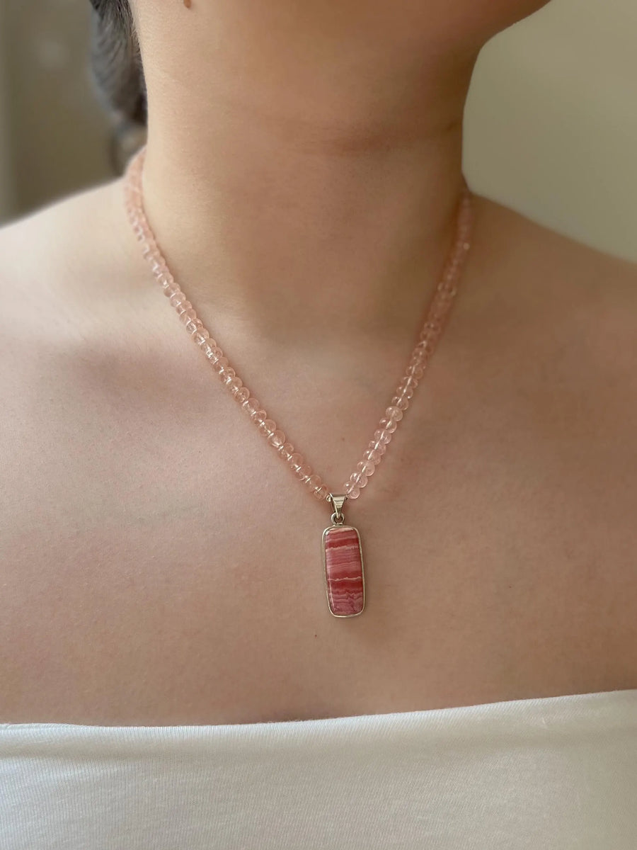 Peach Morganite Necklace: Rhodochrosite Pendant, Hand Knotted Gemstones