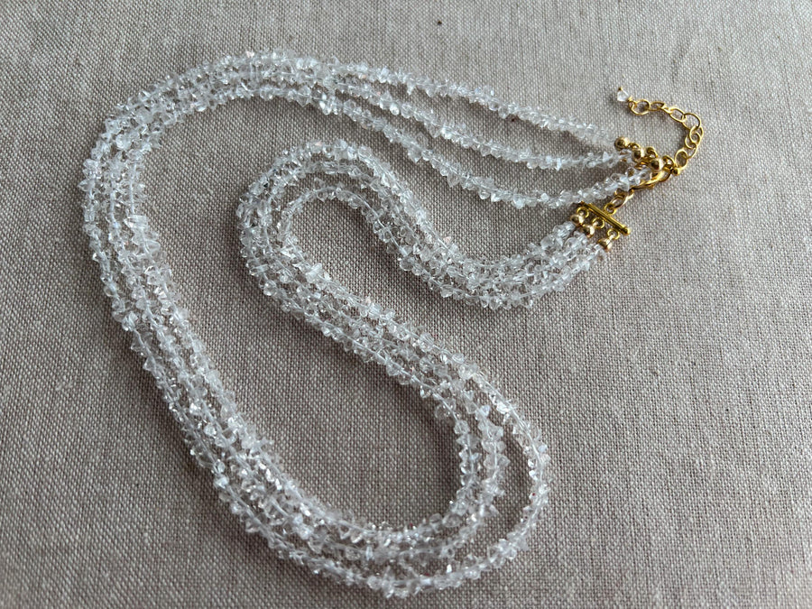 Herkimer Diamond Triple Strand Necklace: April Birthstone, 14k Gold Filled Clasp