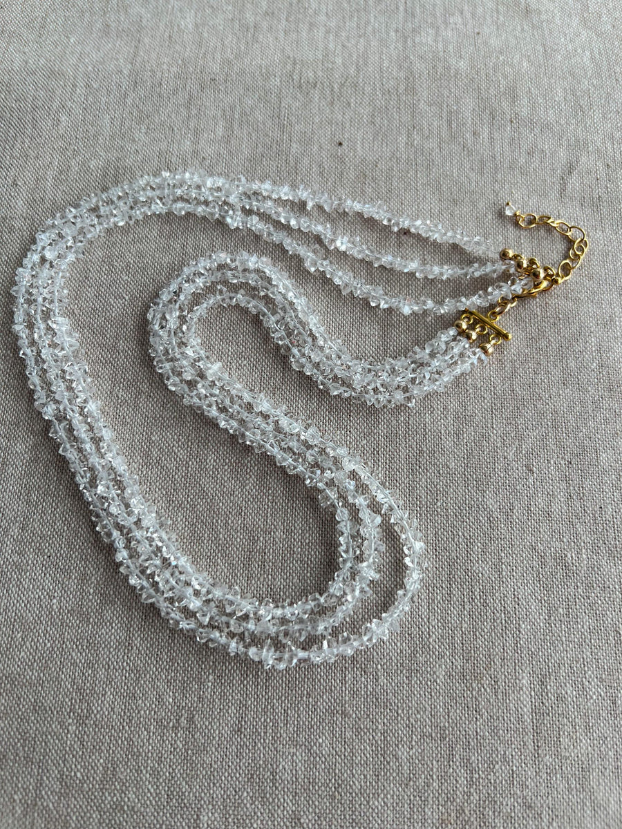 Herkimer Diamond Triple Strand Necklace: April Birthstone, 14k Gold Filled Clasp