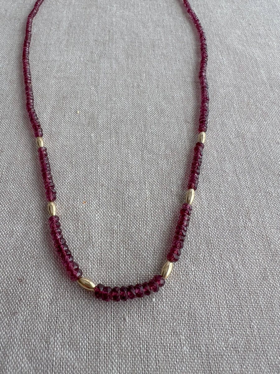 Rhodolite Garnet Necklace: 14k Gold Accents, Hand Knotted Gemstone Necklace