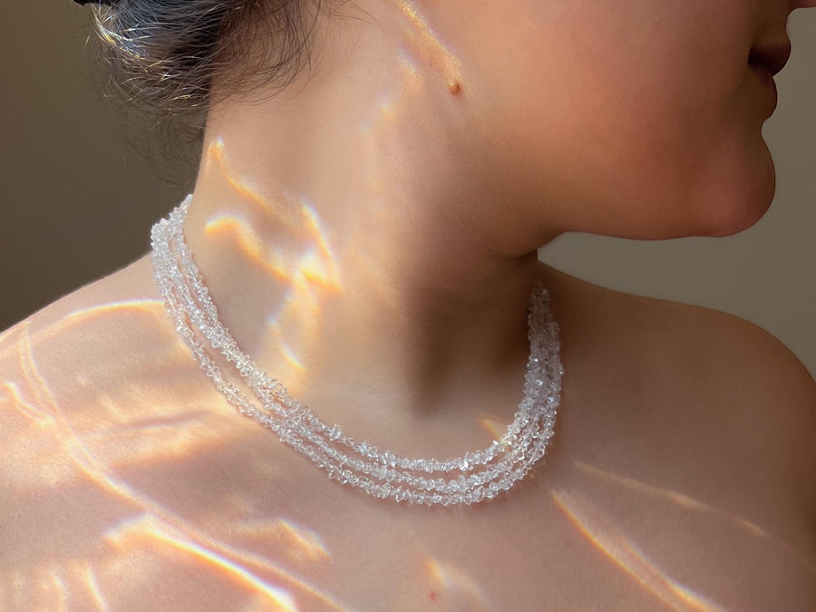 Herkimer Diamond Triple Strand Necklace: April Birthstone, 14k Gold Filled Clasp