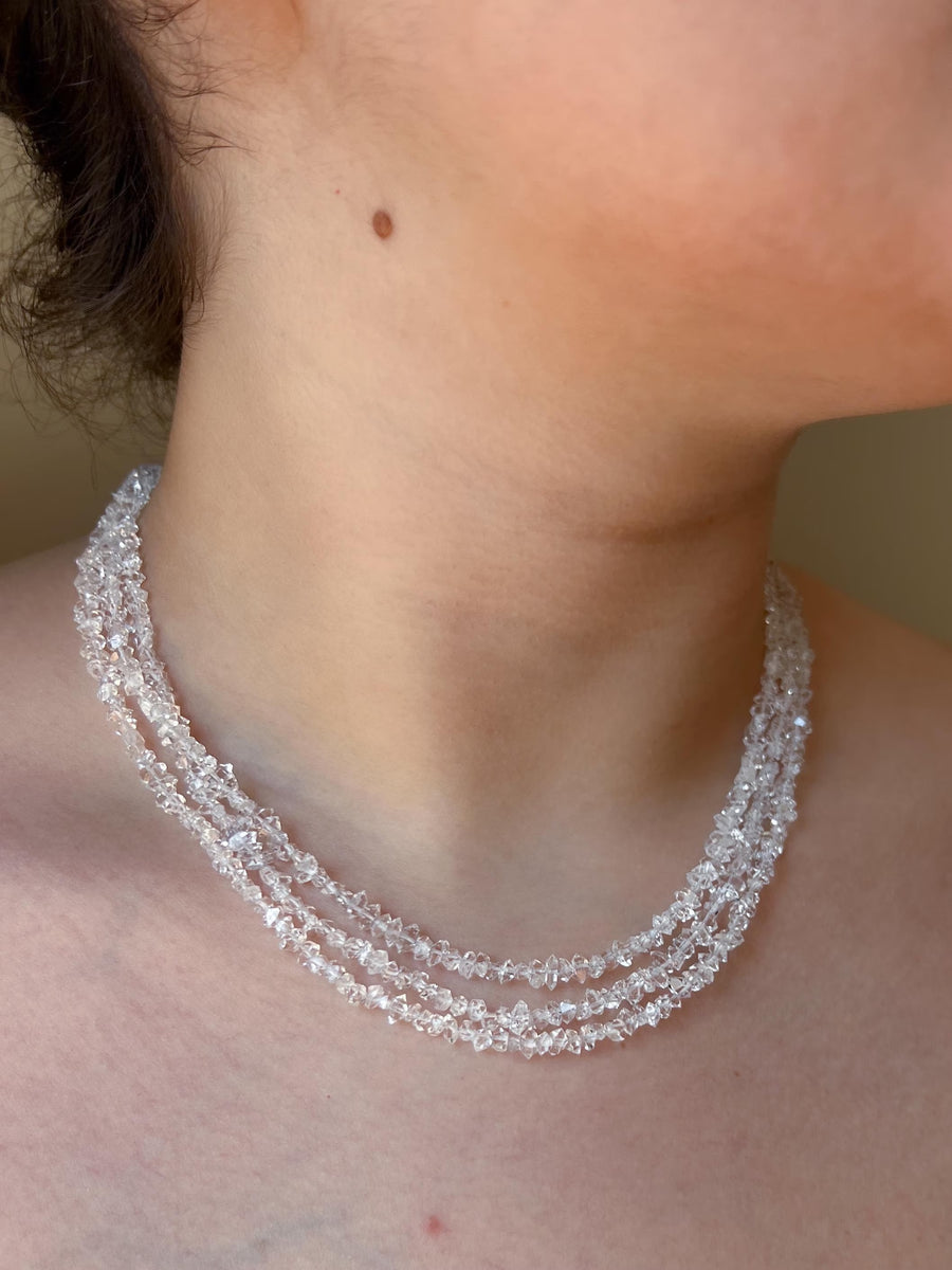 Herkimer Diamond Triple Strand Necklace: April Birthstone, 14k Gold Filled Clasp