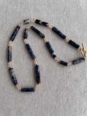Sodalite & Peach Morganite Gemstone Necklace: 14k Gold Filled Accents, Boho