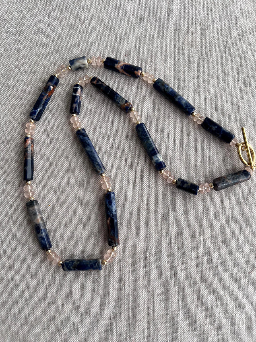Sodalite & Peach Morganite Gemstone Necklace: 14k Gold Filled Accents, Boho