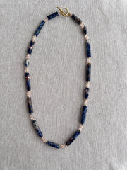 Sodalite & Peach Morganite Gemstone Necklace: 14k Gold Filled Accents, Boho