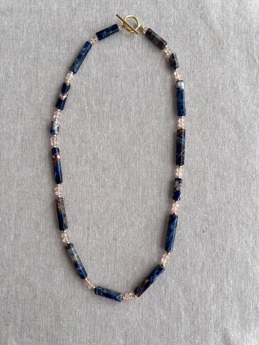 Sodalite & Peach Morganite Gemstone Necklace: 14k Gold Filled Accents, Boho
