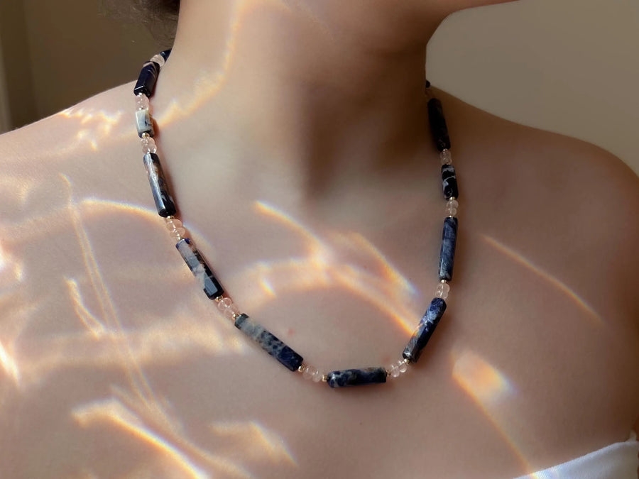 Sodalite & Peach Morganite Gemstone Necklace: 14k Gold Filled Accents, Boho