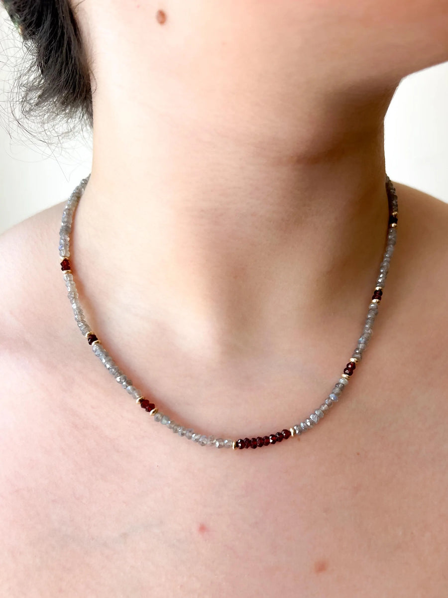 Labradorite and Garnet Necklace: 14k Gold Filled, Boho Layering