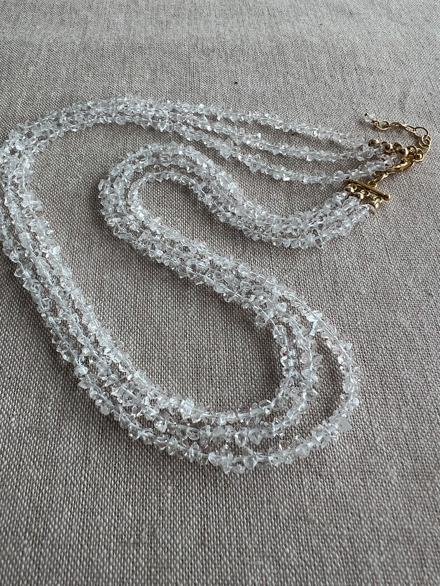 Herkimer Diamond Triple Strand Necklace: April Birthstone, 14k Gold Filled Clasp