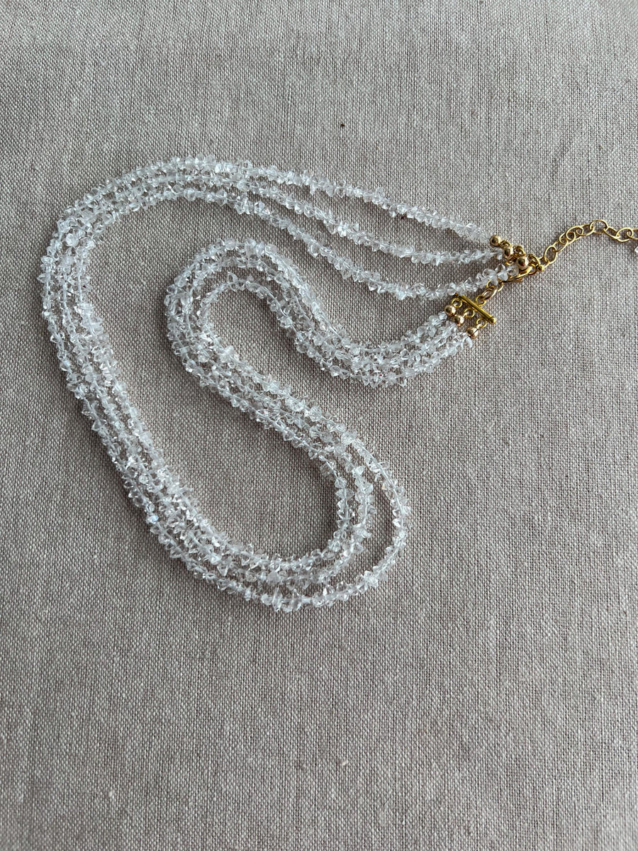 Herkimer Diamond Triple Strand Necklace: April Birthstone, 14k Gold Filled Clasp