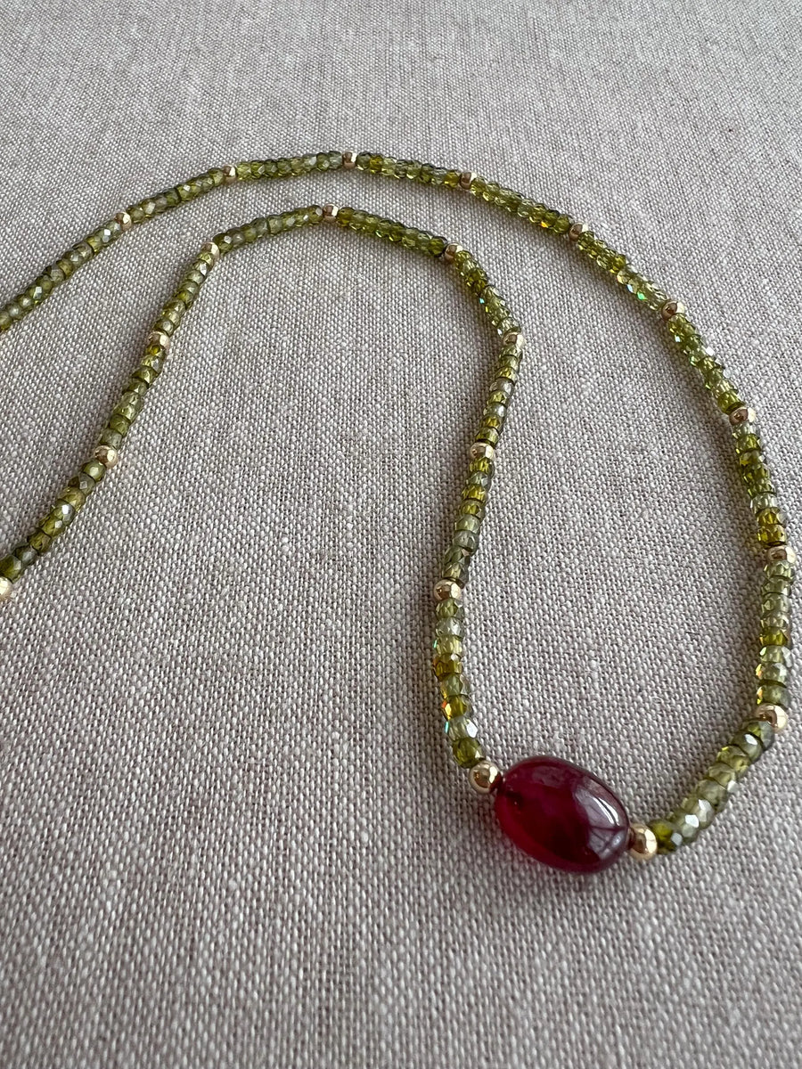 Olive Green Cubic Zirconia Necklace: Ruby Accent, 14k Gold Filled, Layering Necklace