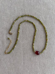 Olive Green Cubic Zirconia Necklace: Ruby Accent, 14k Gold Filled, Layering Necklace