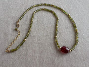 Olive Green Cubic Zirconia Necklace: Ruby Accent, 14k Gold Filled, Layering Necklace