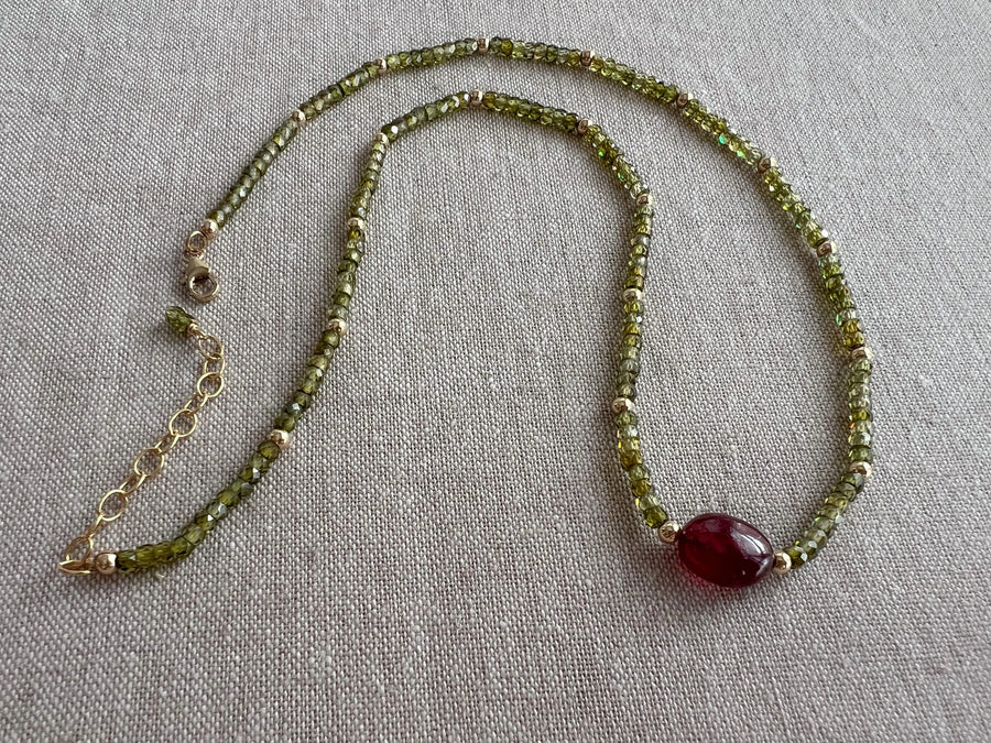 Olive Green Cubic Zirconia Necklace: Ruby Accent, 14k Gold Filled, Layering Necklace