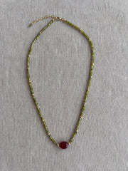 Olive Green Cubic Zirconia Necklace: Ruby Accent, 14k Gold Filled, Layering Necklace