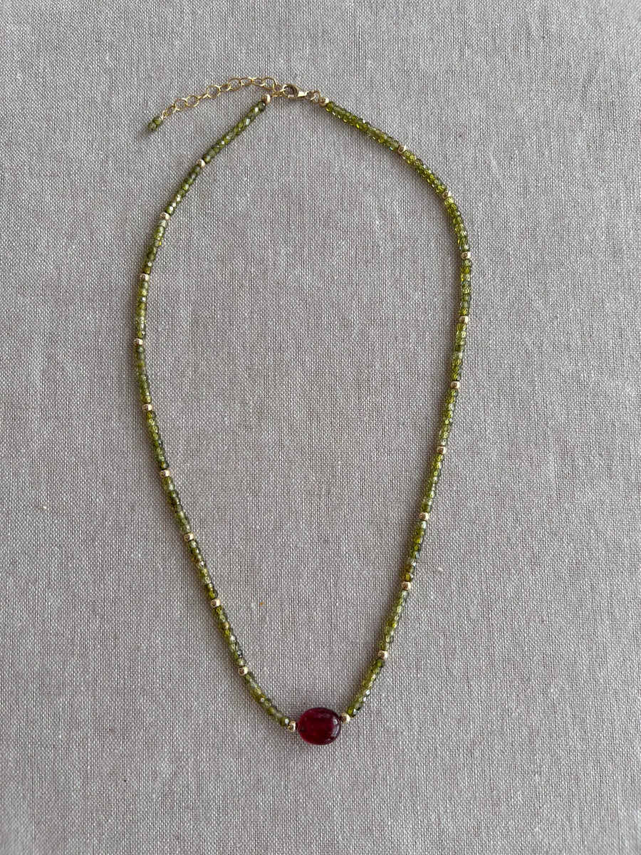 Olive Green Cubic Zirconia Necklace: Ruby Accent, 14k Gold Filled, Layering Necklace
