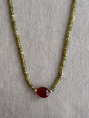Olive Green Cubic Zirconia Necklace: Ruby Accent, 14k Gold Filled, Layering Necklace