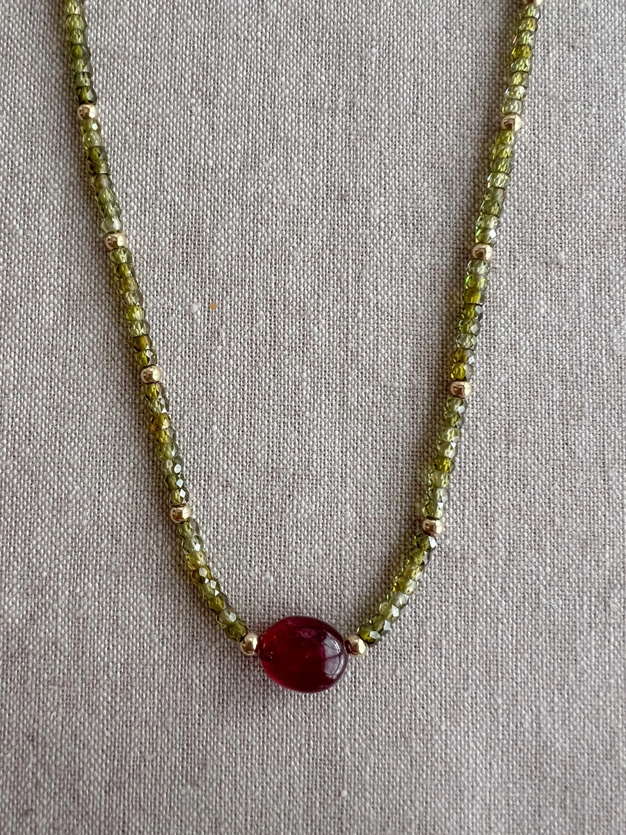 Olive Green Cubic Zirconia Necklace: Ruby Accent, 14k Gold Filled, Layering Necklace