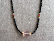 Black Spinel Necklace: Rose Quartz Focal Bead, 14k Gold Filled Clasp, Cubic Zirconia Accents