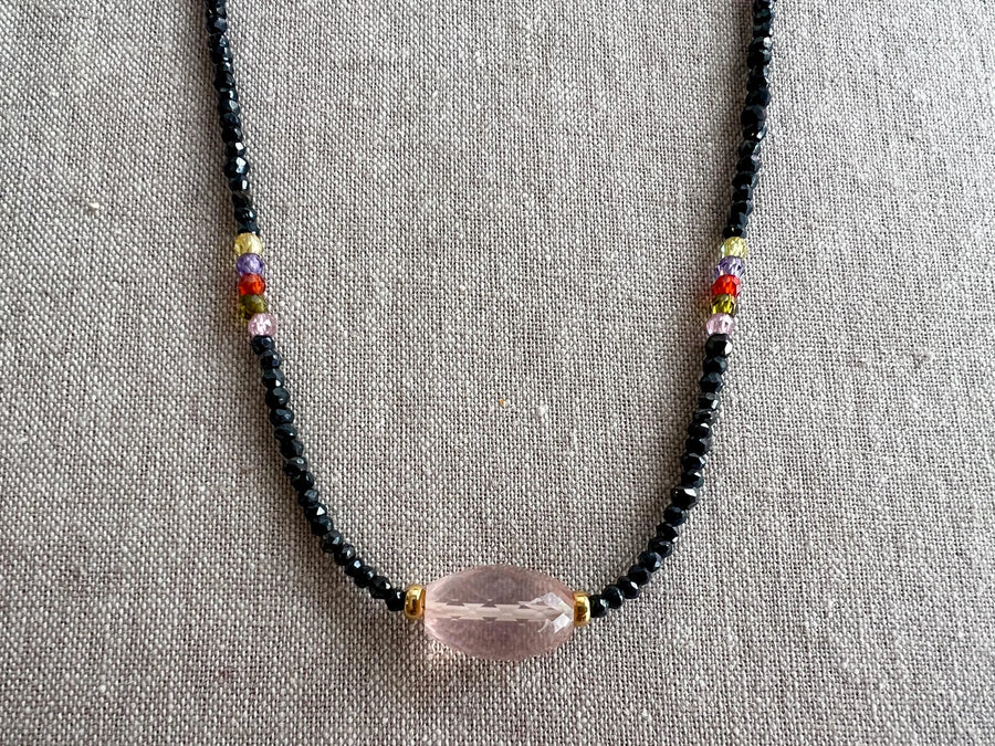 Black Spinel Necklace: Rose Quartz Focal Bead, 14k Gold Filled Clasp, Cubic Zirconia Accents