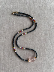 Black Spinel Necklace: Rose Quartz Focal Bead, 14k Gold Filled Clasp, Cubic Zirconia Accents