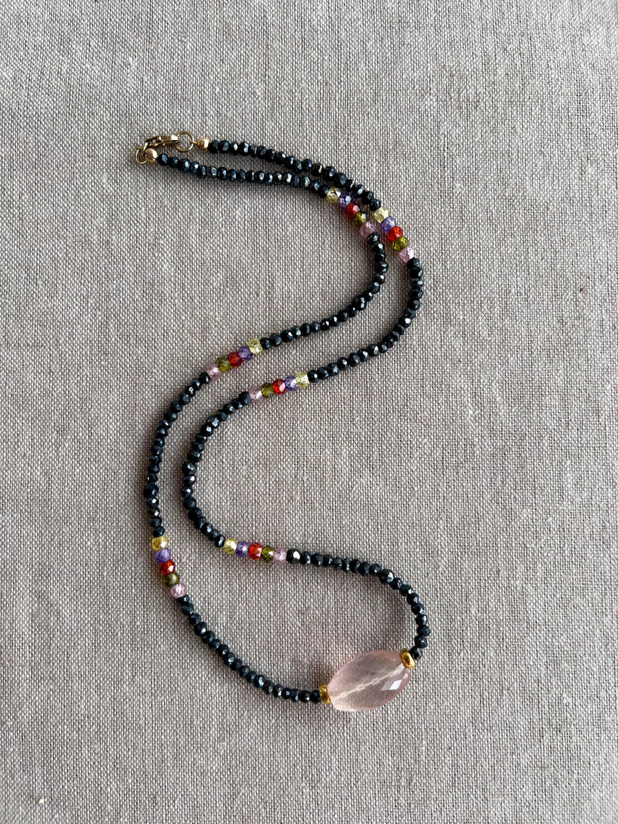 Black Spinel Necklace: Rose Quartz Focal Bead, 14k Gold Filled Clasp, Cubic Zirconia Accents