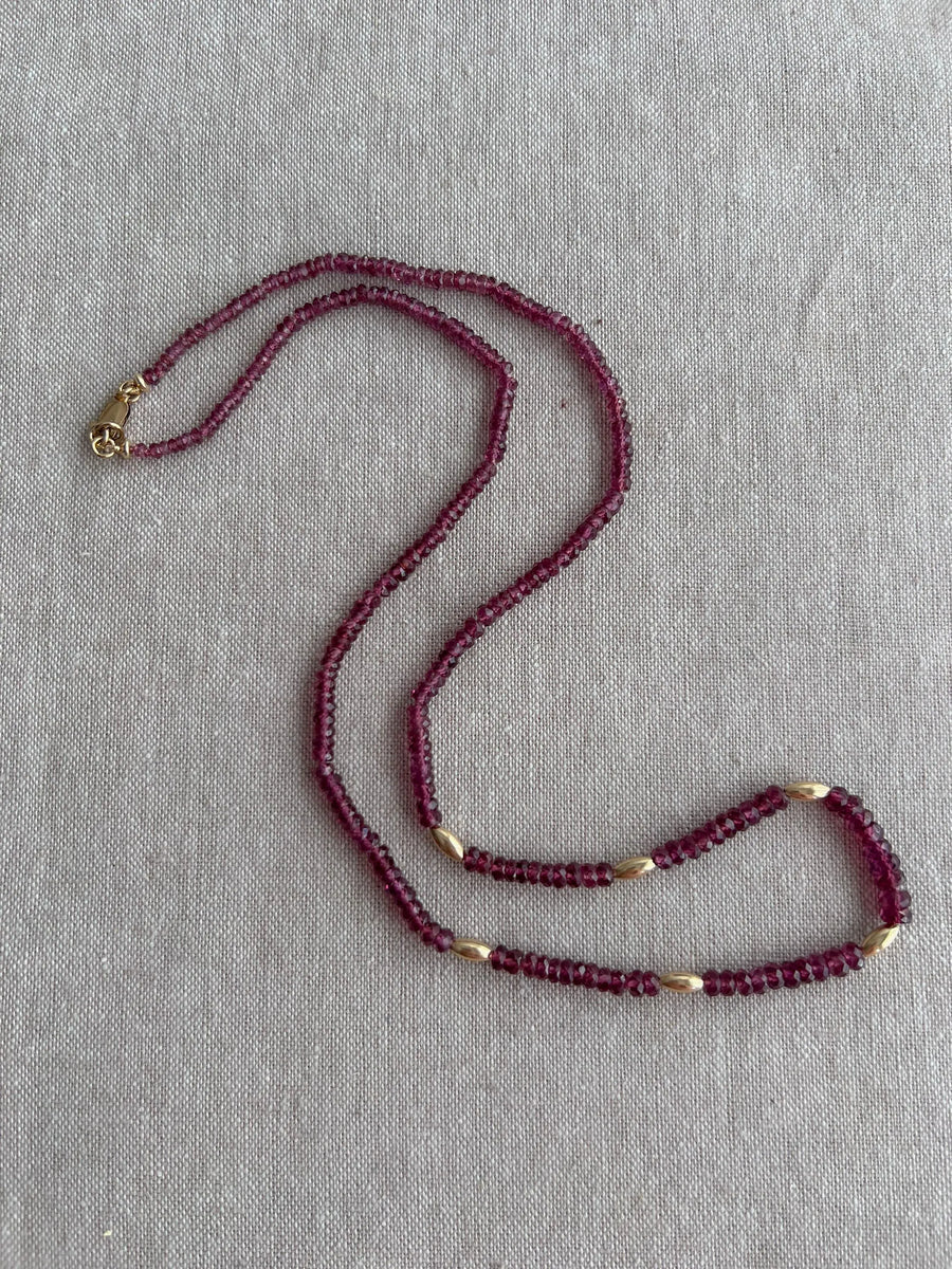 Rhodolite Garnet Necklace: 14k Gold Accents, Hand Knotted Gemstone Necklace