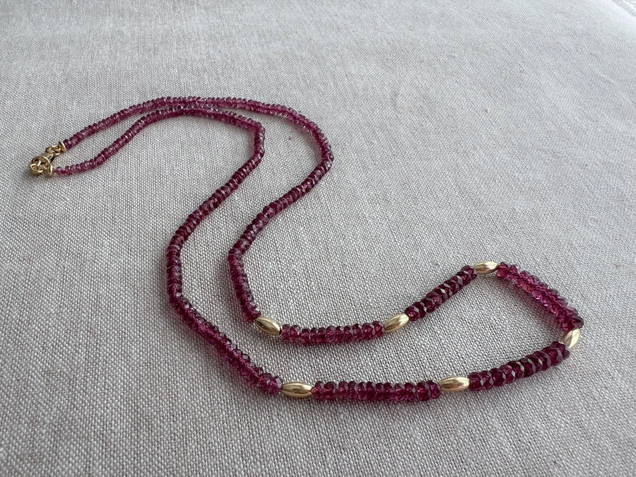 Rhodolite Garnet Necklace: 14k Gold Accents, Hand Knotted Gemstone Necklace