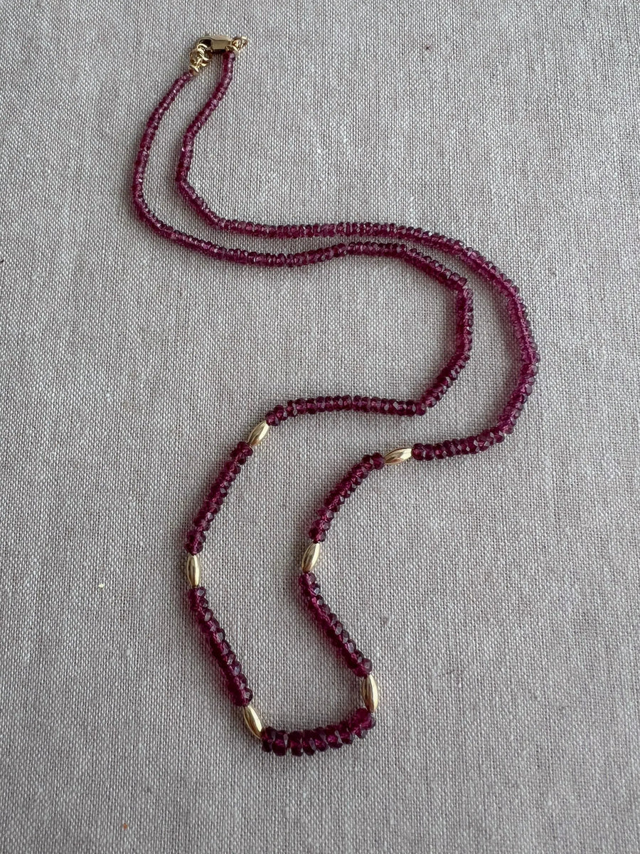 Rhodolite Garnet Necklace: 14k Gold Accents, Hand Knotted Gemstone Necklace