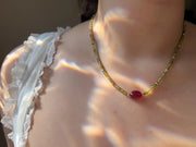 Olive Green Cubic Zirconia Necklace: Ruby Accent, 14k Gold Filled, Layering Necklace