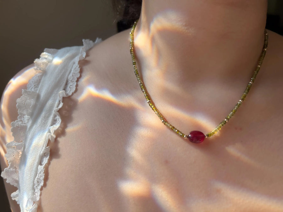 Olive Green Cubic Zirconia Necklace: Ruby Accent, 14k Gold Filled, Layering Necklace