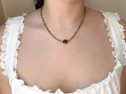 Olive Green Cubic Zirconia Necklace: Ruby Accent, 14k Gold Filled, Layering Necklace