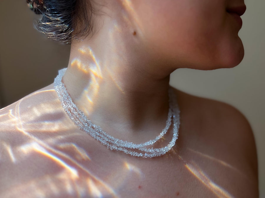 Herkimer Diamond Triple Strand Necklace: April Birthstone, 14k Gold Filled Clasp