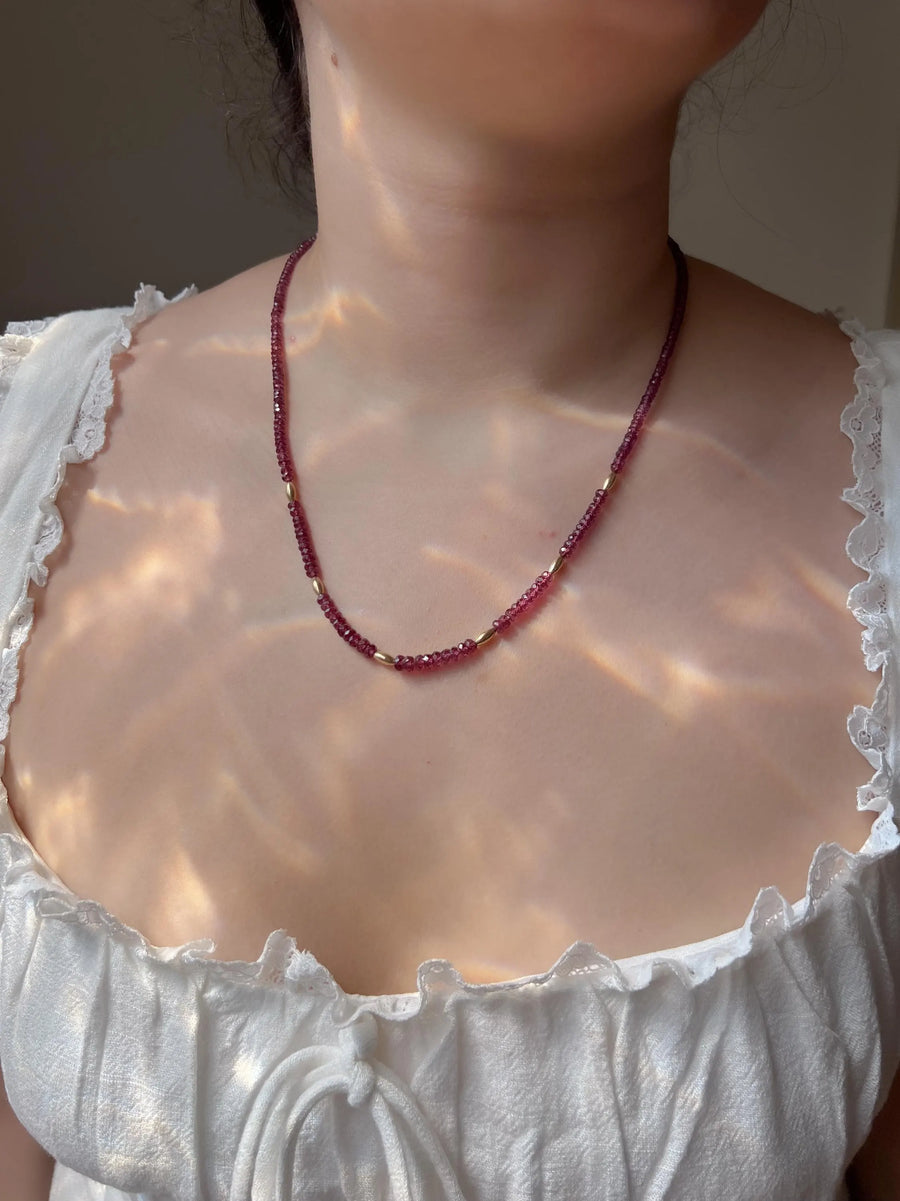 Rhodolite Garnet Necklace: 14k Gold Accents, Hand Knotted Gemstone Necklace