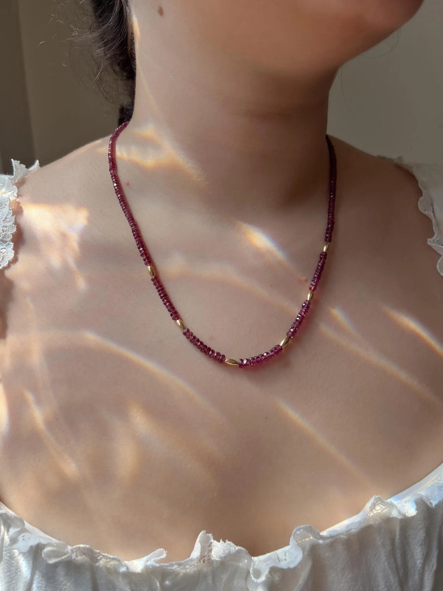 Rhodolite Garnet Necklace: 14k Gold Accents, Hand Knotted Gemstone Necklace