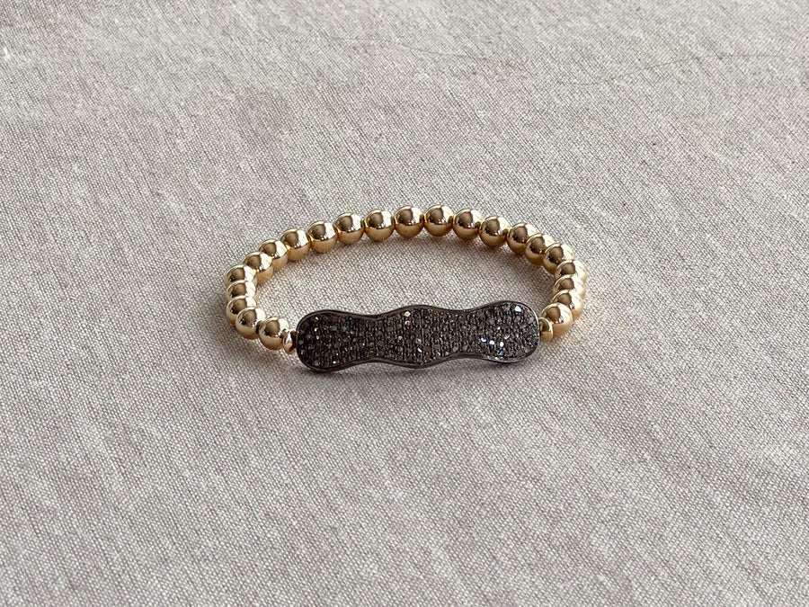 Pave Diamond Scalloped Bar and Gold Bead Bracelet: 14k Gold Filled, Elegant Jewelry