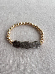 Pave Diamond Scalloped Bar and Gold Bead Bracelet: 14k Gold Filled, Elegant Jewelry