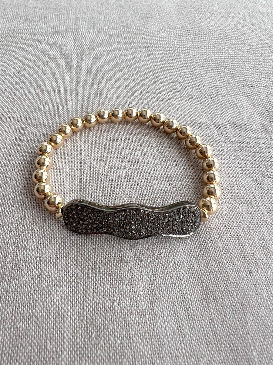 Pave Diamond Scalloped Bar and Gold Bead Bracelet: 14k Gold Filled, Elegant Jewelry