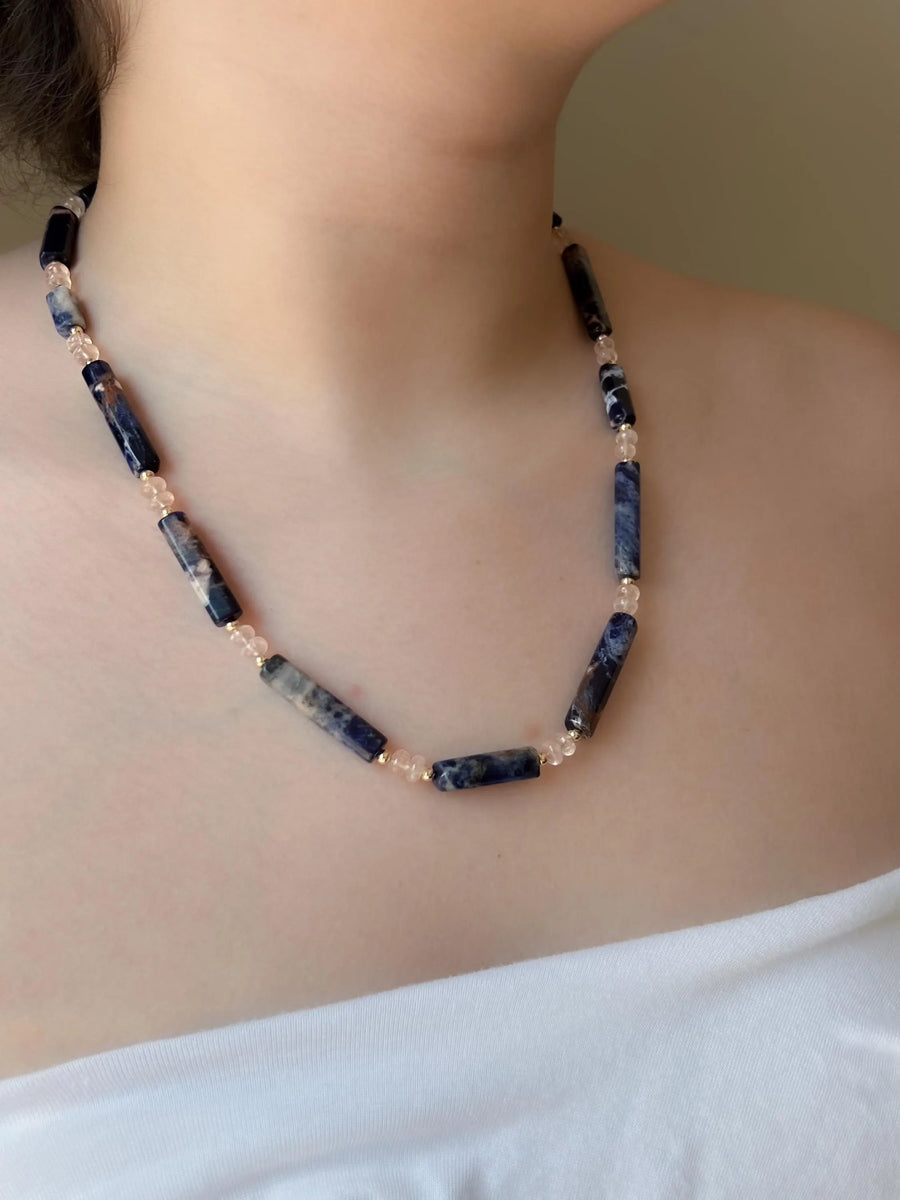 Sodalite & Peach Morganite Gemstone Necklace: 14k Gold Filled Accents, Boho