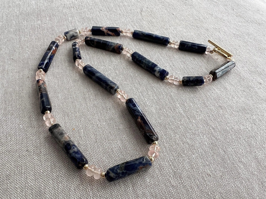 Sodalite & Peach Morganite Gemstone Necklace: 14k Gold Filled Accents, Boho