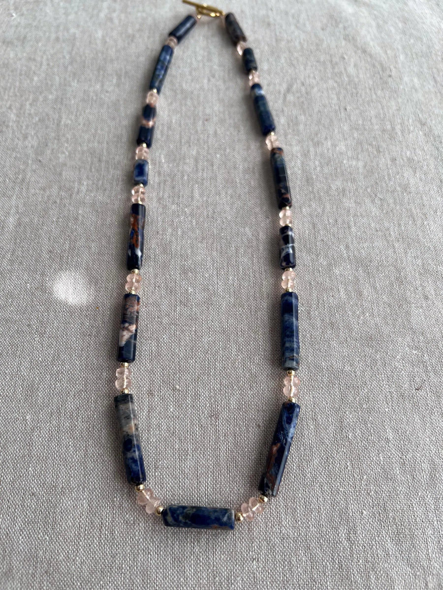 Sodalite & Peach Morganite Gemstone Necklace: 14k Gold Filled Accents, Boho