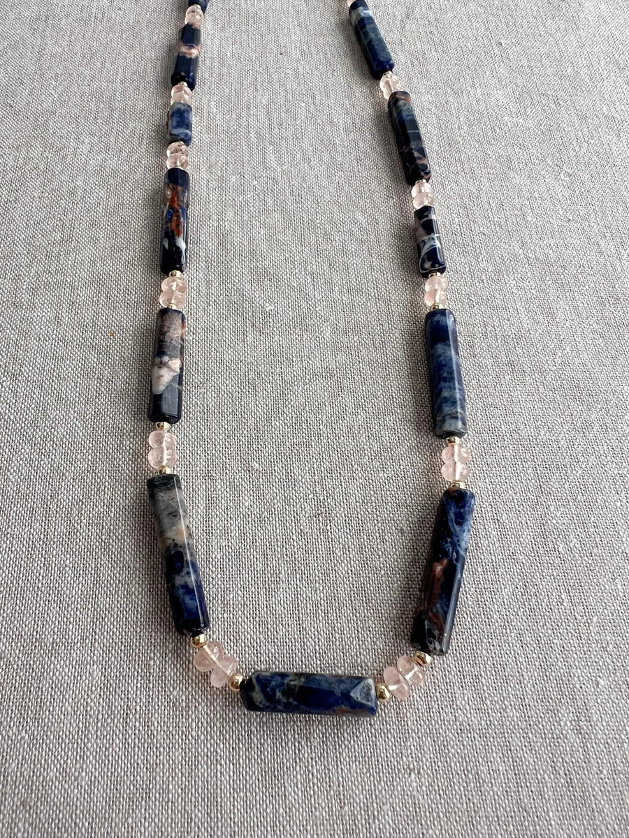 Sodalite & Peach Morganite Gemstone Necklace: 14k Gold Filled Accents, Boho
