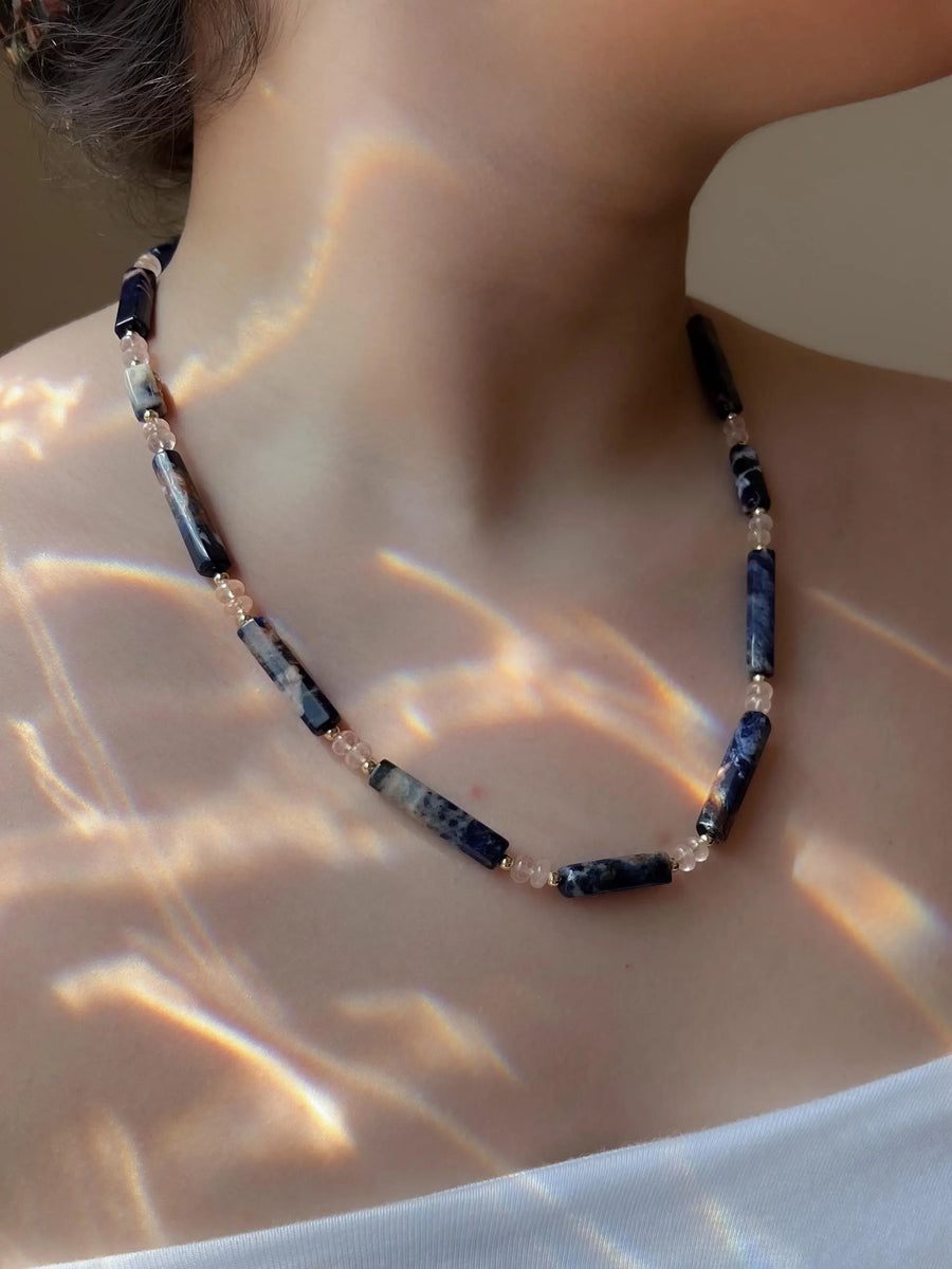Sodalite & Peach Morganite Gemstone Necklace: 14k Gold Filled Accents, Boho