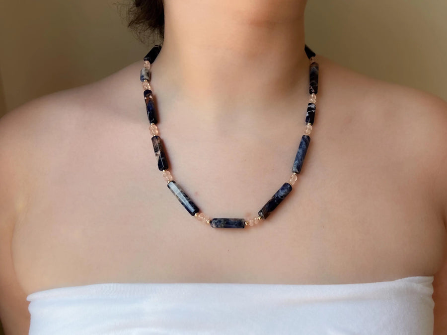 Sodalite & Peach Morganite Gemstone Necklace: 14k Gold Filled Accents, Boho