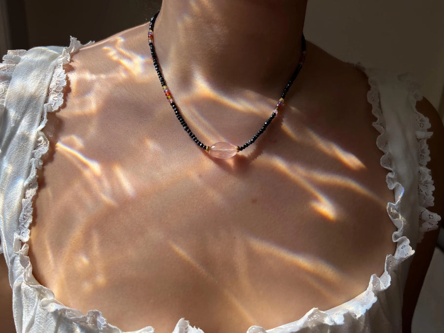 Black Spinel Necklace: Rose Quartz Focal Bead, 14k Gold Filled Clasp, Cubic Zirconia Accents