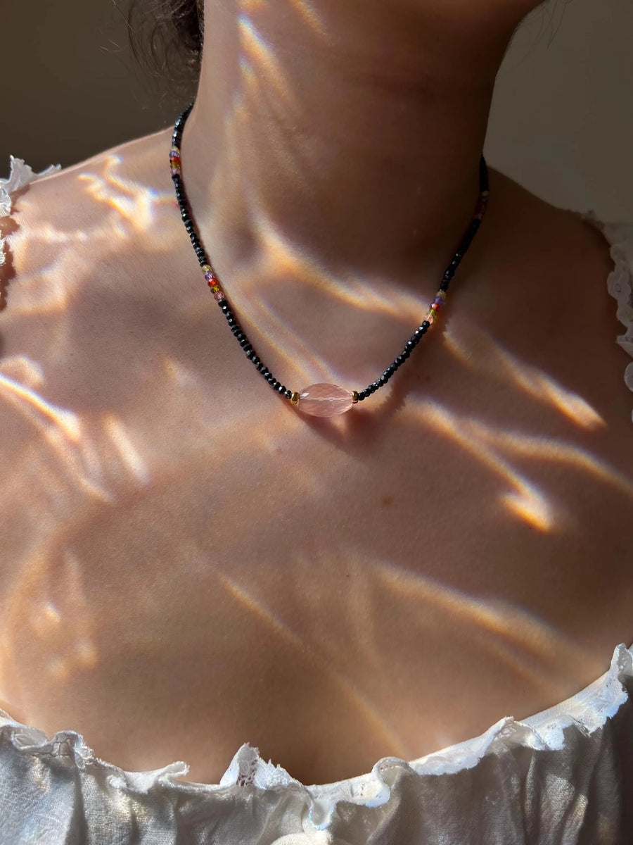Black Spinel Necklace: Rose Quartz Focal Bead, 14k Gold Filled Clasp, Cubic Zirconia Accents
