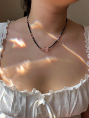 Black Spinel Necklace: Rose Quartz Focal Bead, 14k Gold Filled Clasp, Cubic Zirconia Accents