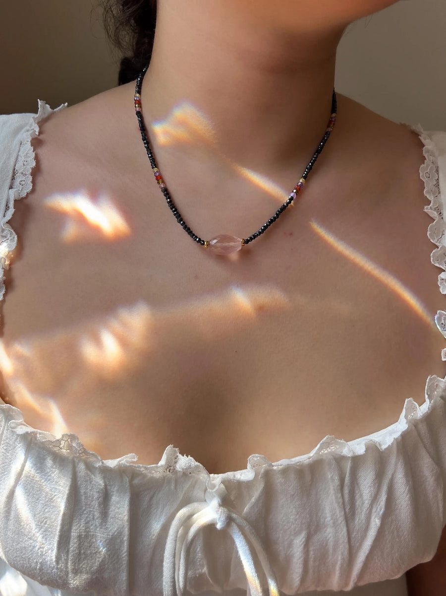 Black Spinel Necklace: Rose Quartz Focal Bead, 14k Gold Filled Clasp, Cubic Zirconia Accents